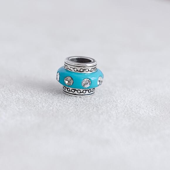 Brighton Barrel Charm Spacer Bead Blue Enamel Rhinestone Silver Plated Retired - Picture 2 of 4